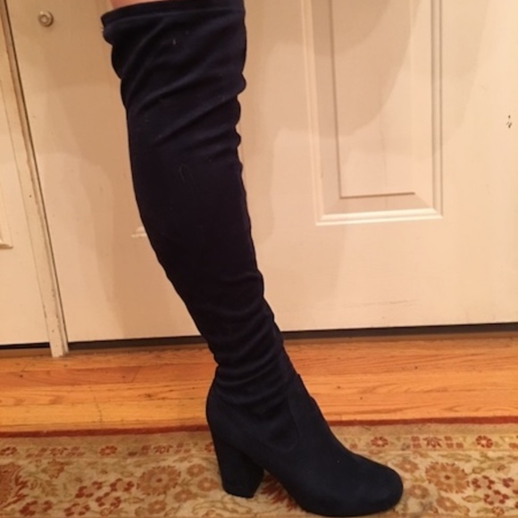 Navy blue Suede over-the-knee block heel boot 10 - Picture 3 of 7